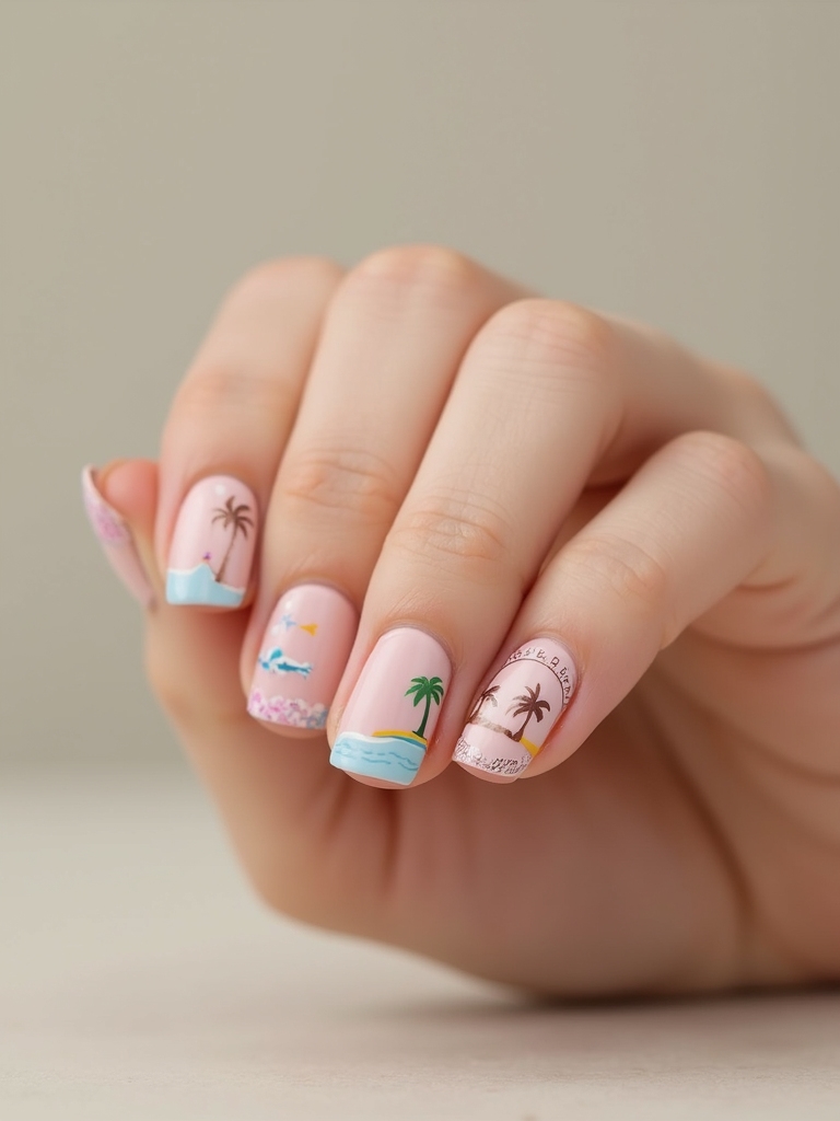 neon passport stamp nail art