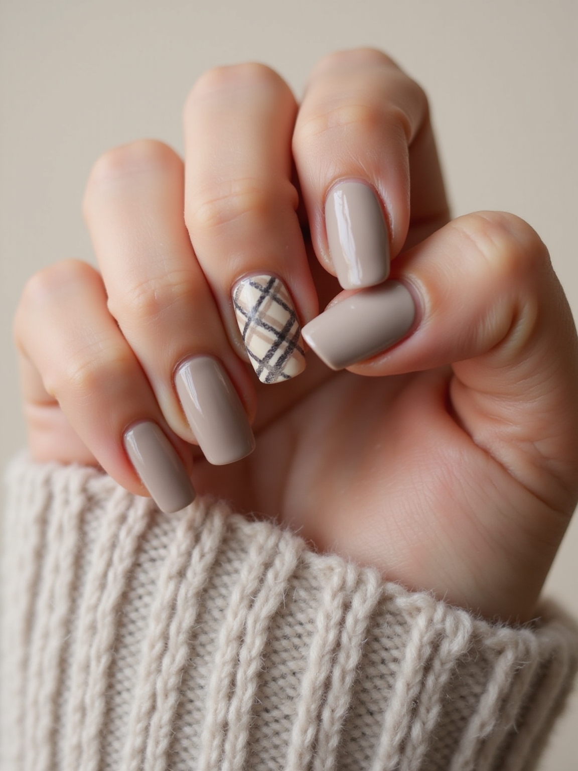 neutral plaid accent nails