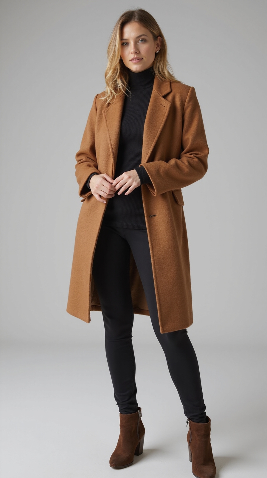 belted wool coat with suede
