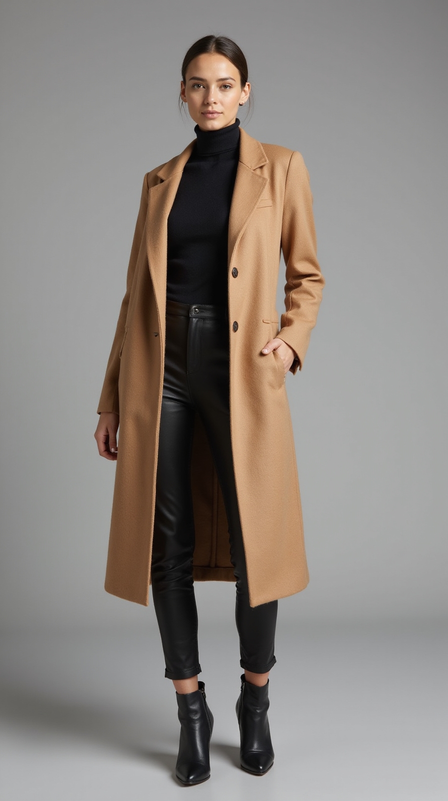 camel coat turtleneck boots
