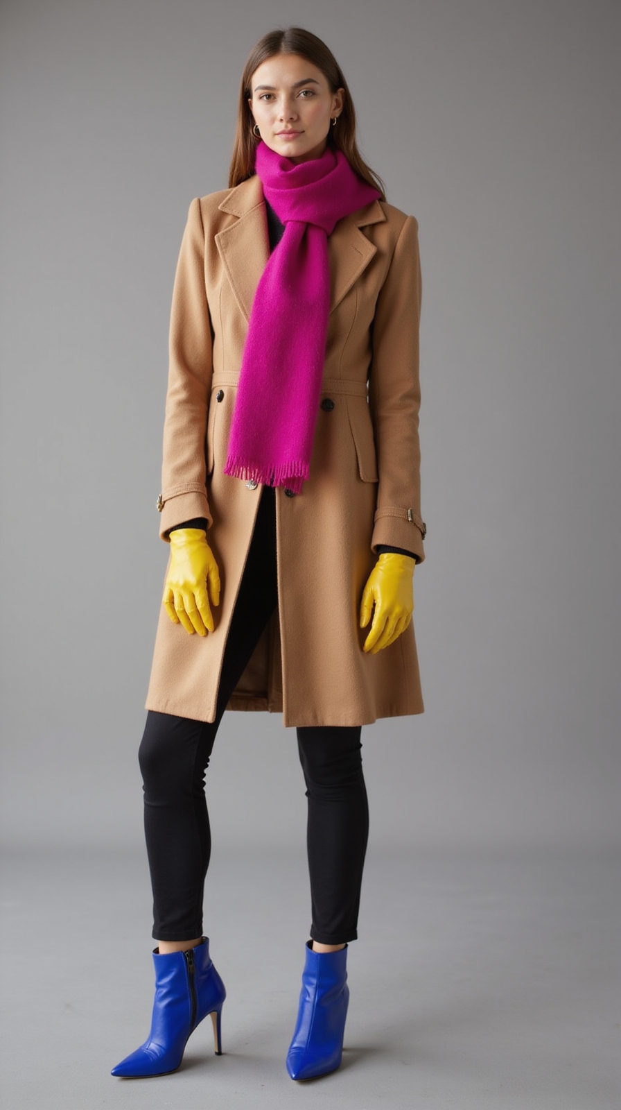 camel coat with bright accessories