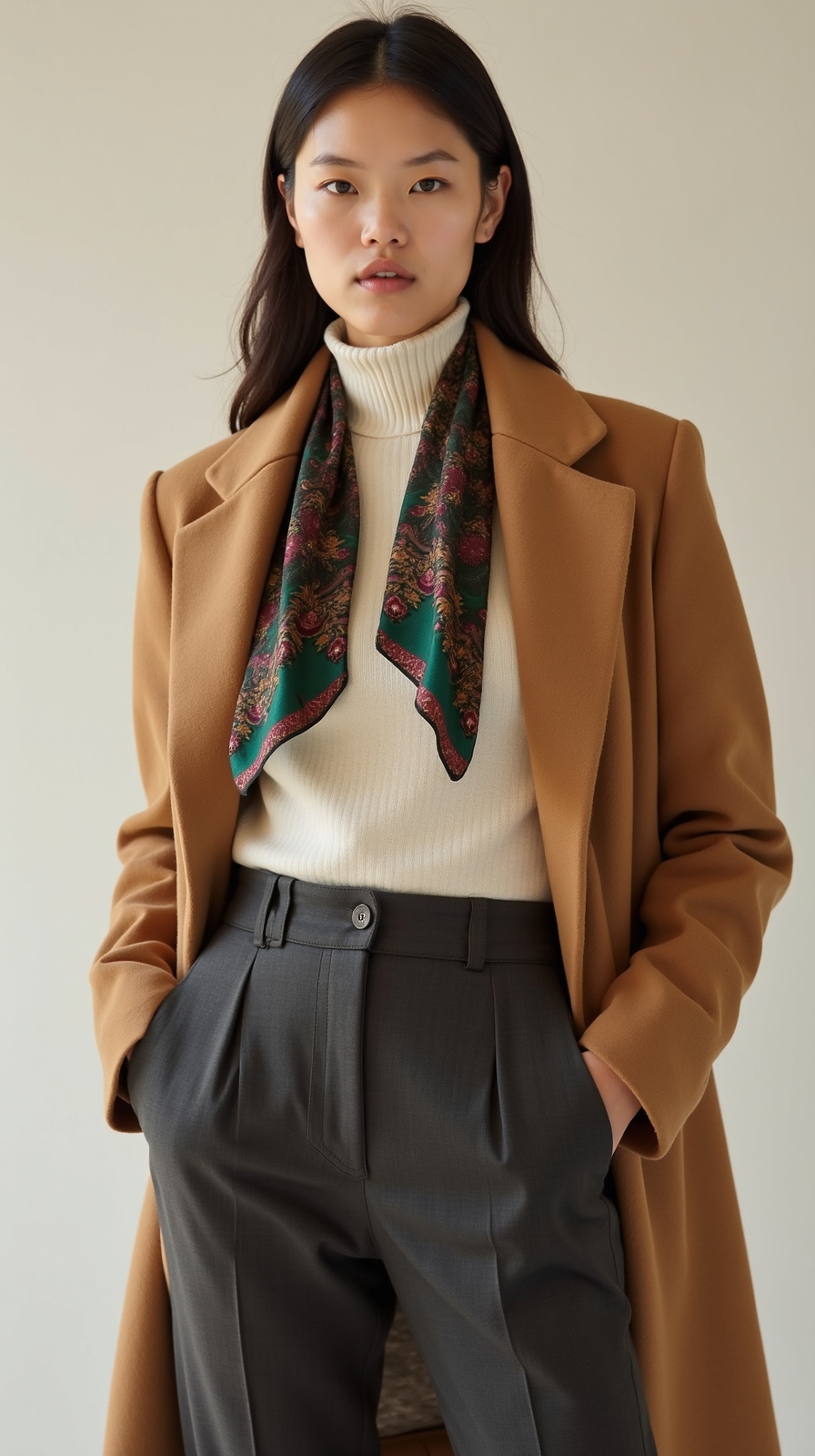 camel coat with floral scarf