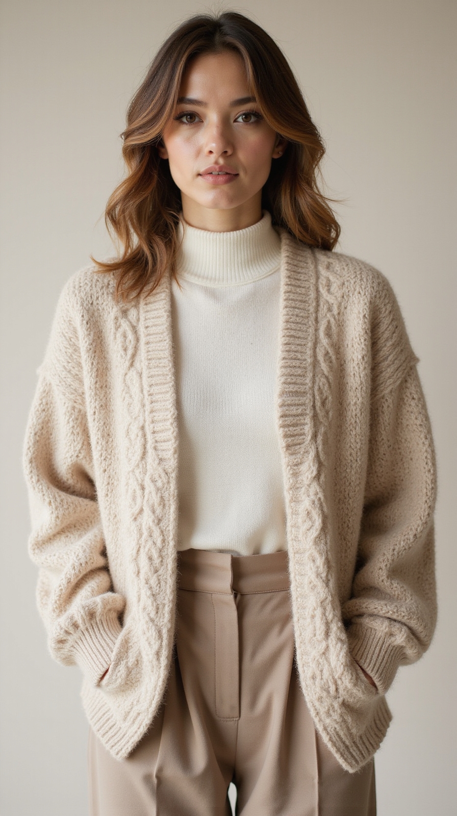 chunky cardigan over turtleneck