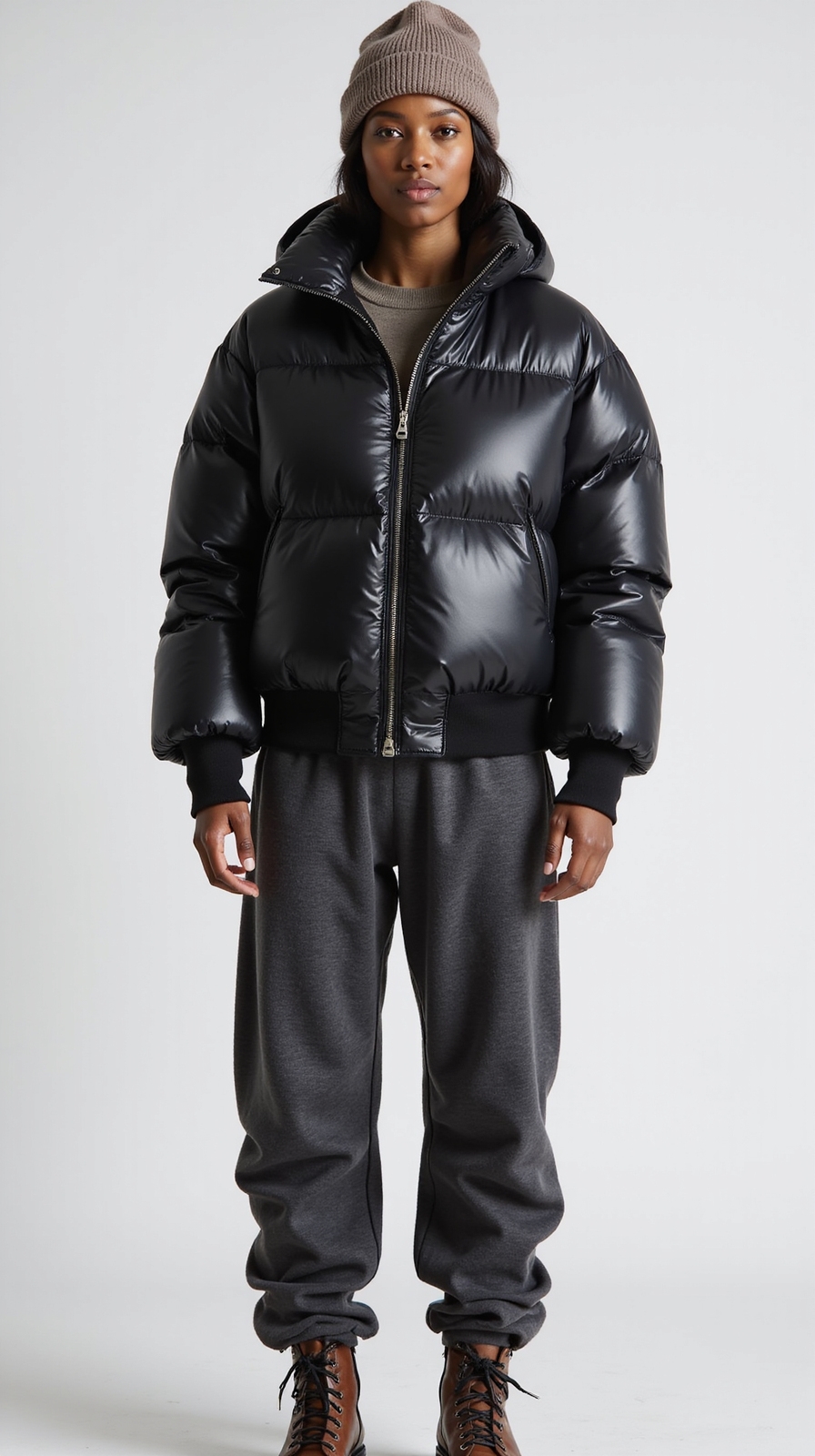 cropped puffer slim joggers