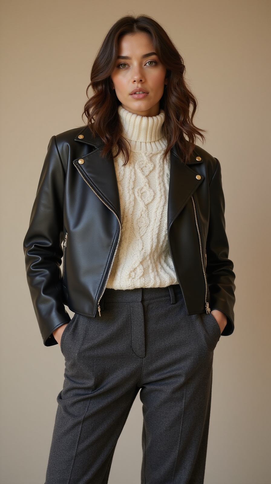 fitted leather over chunky knit