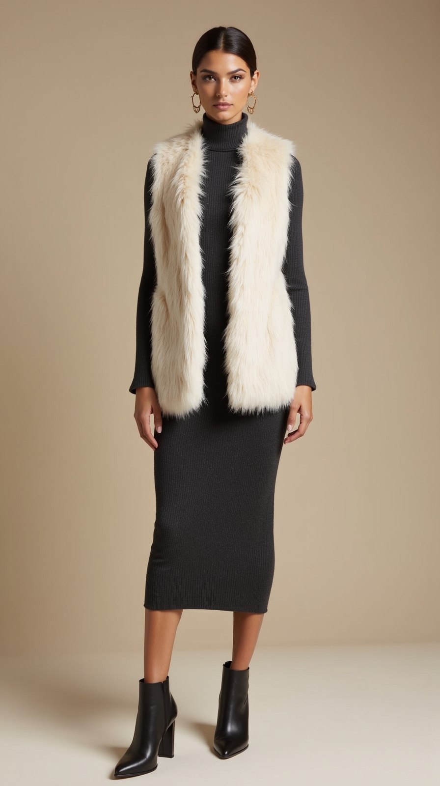 fuzzy vest over turtleneck