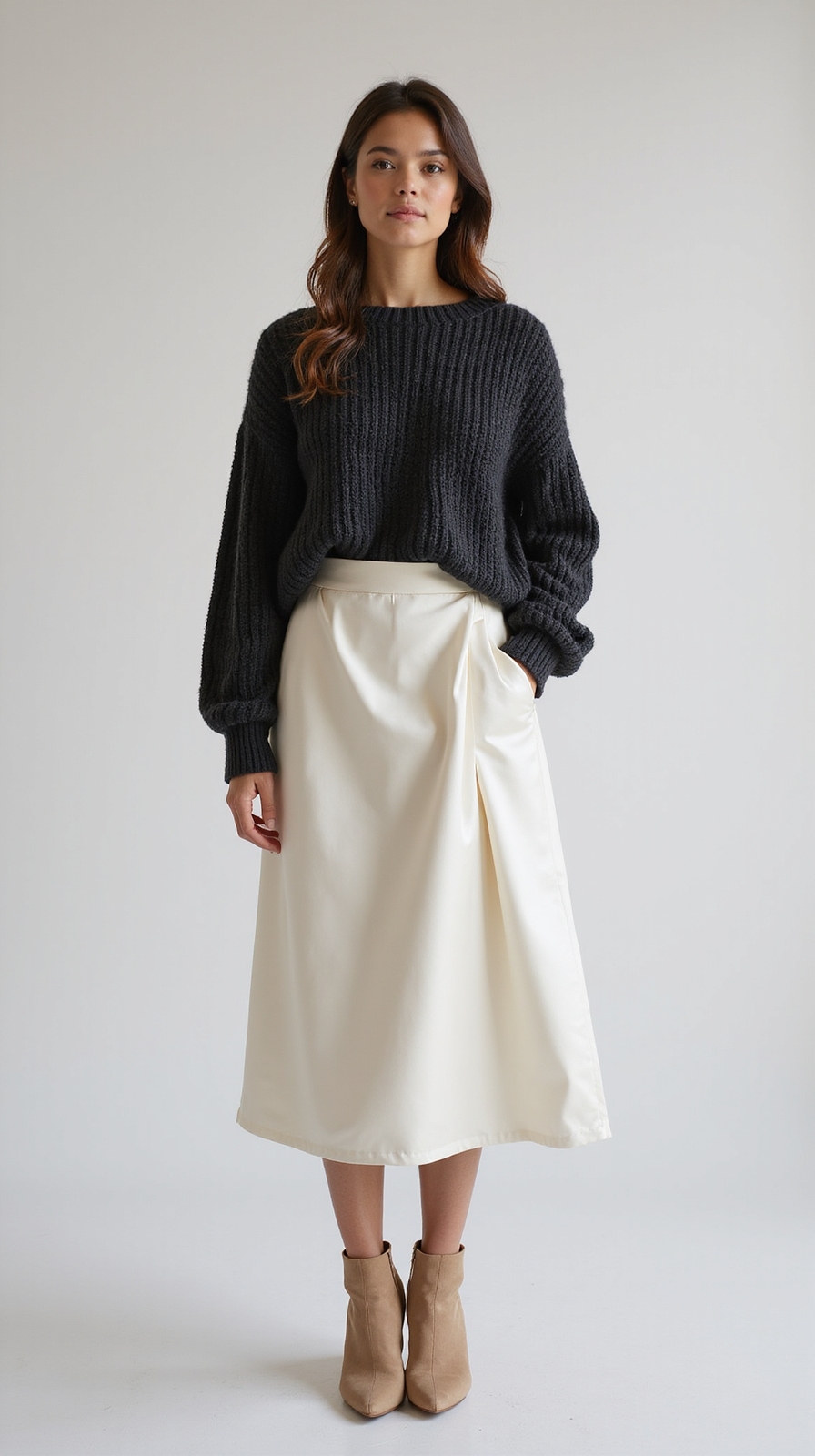 glossy satin meets chunky knit