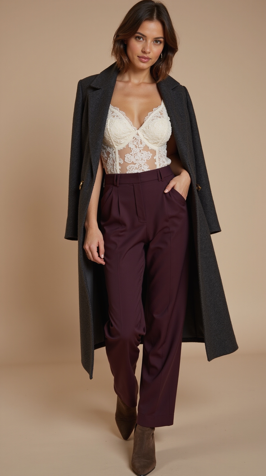 lace peeks from tailored coat