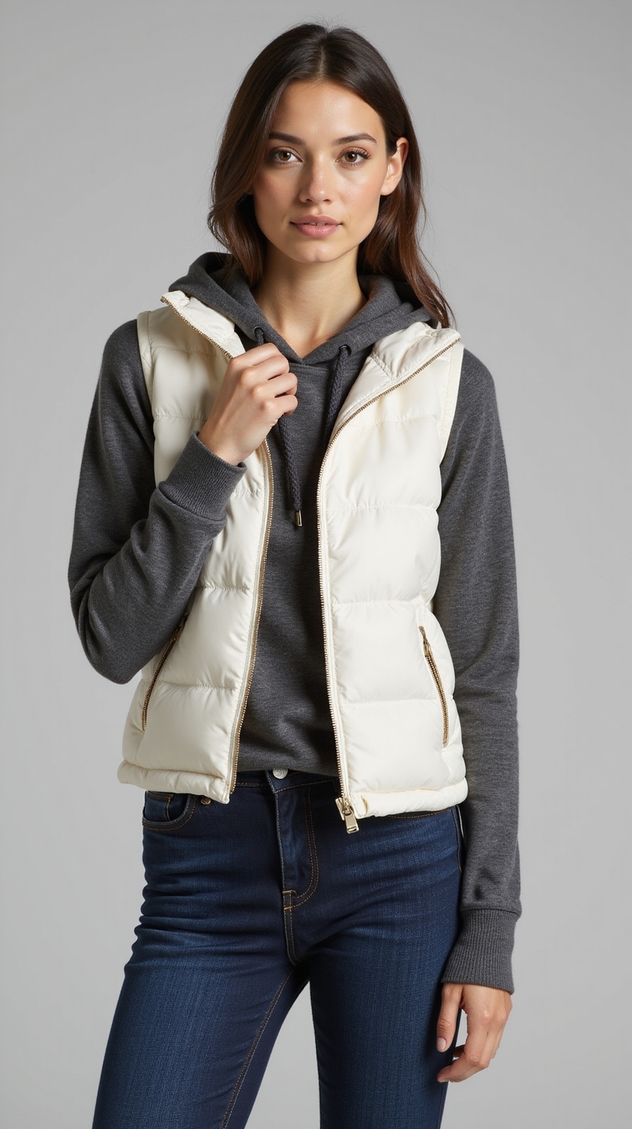 layered vest hoodie jeans