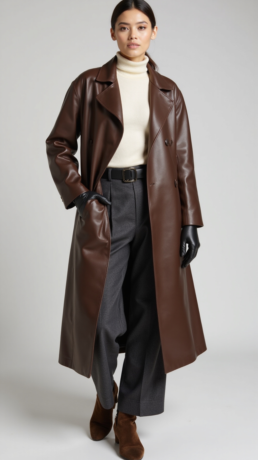 leather trench with cozy layers