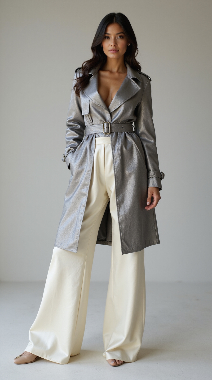 metallic trench satin trousers