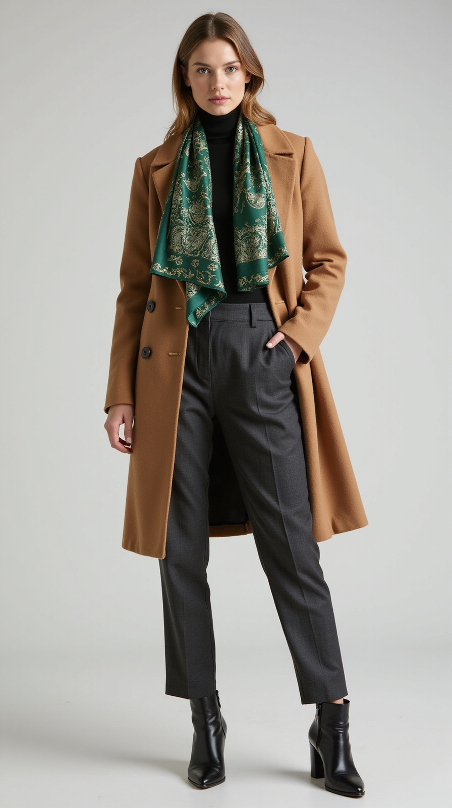 patterned scarf elevates plain blouse