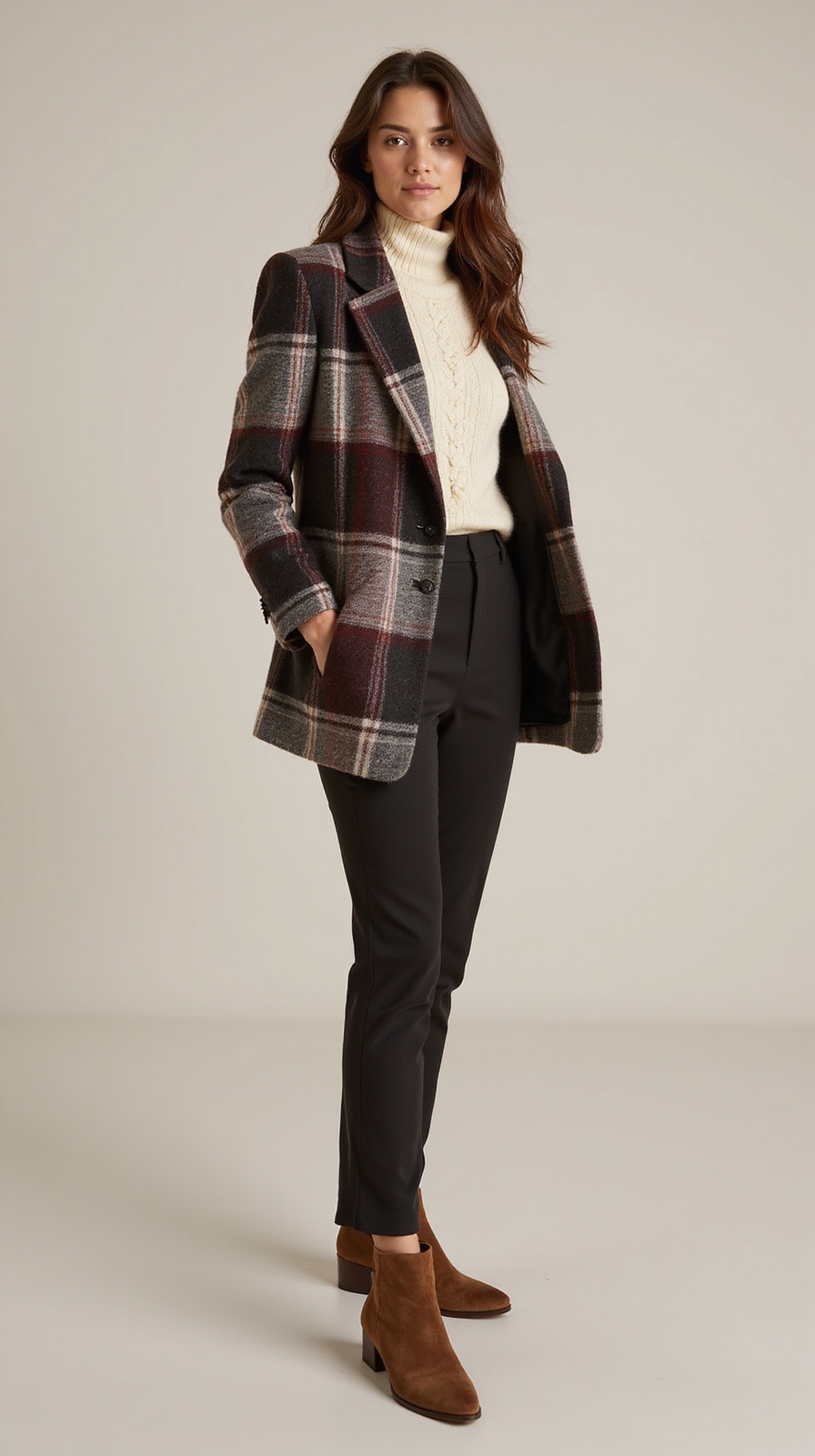 plaid blazer over knitwear