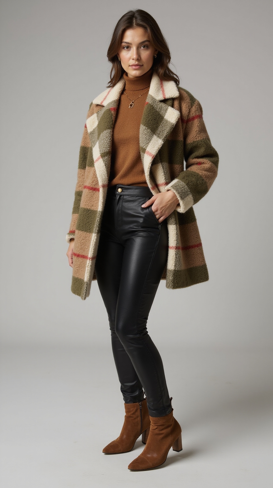 plaid shacket with leather trim