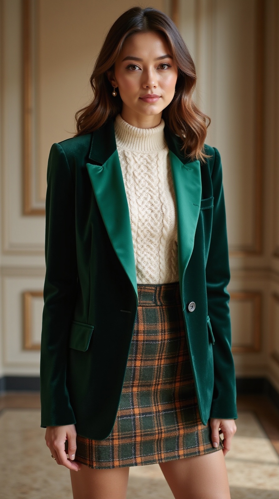 plaid velvet knit contrast