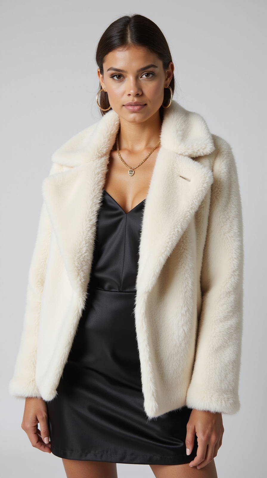 plush coat delicate jewelry