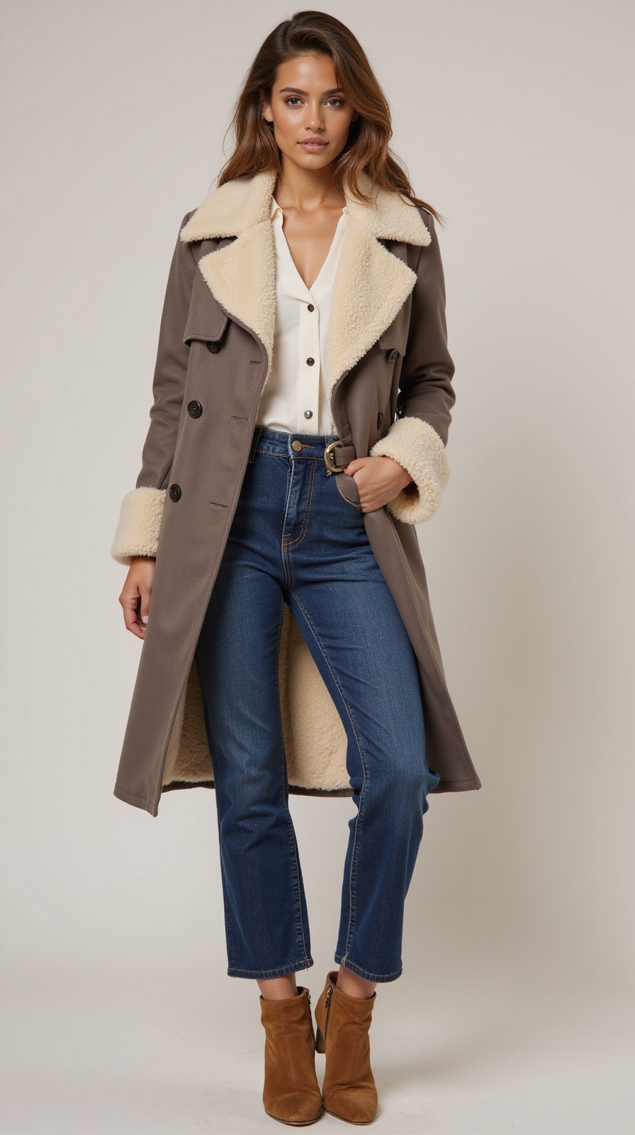 shearling coat with denim