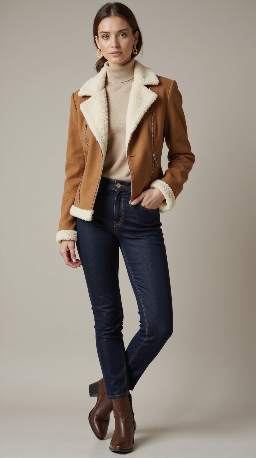 shearling jacket with dark denim