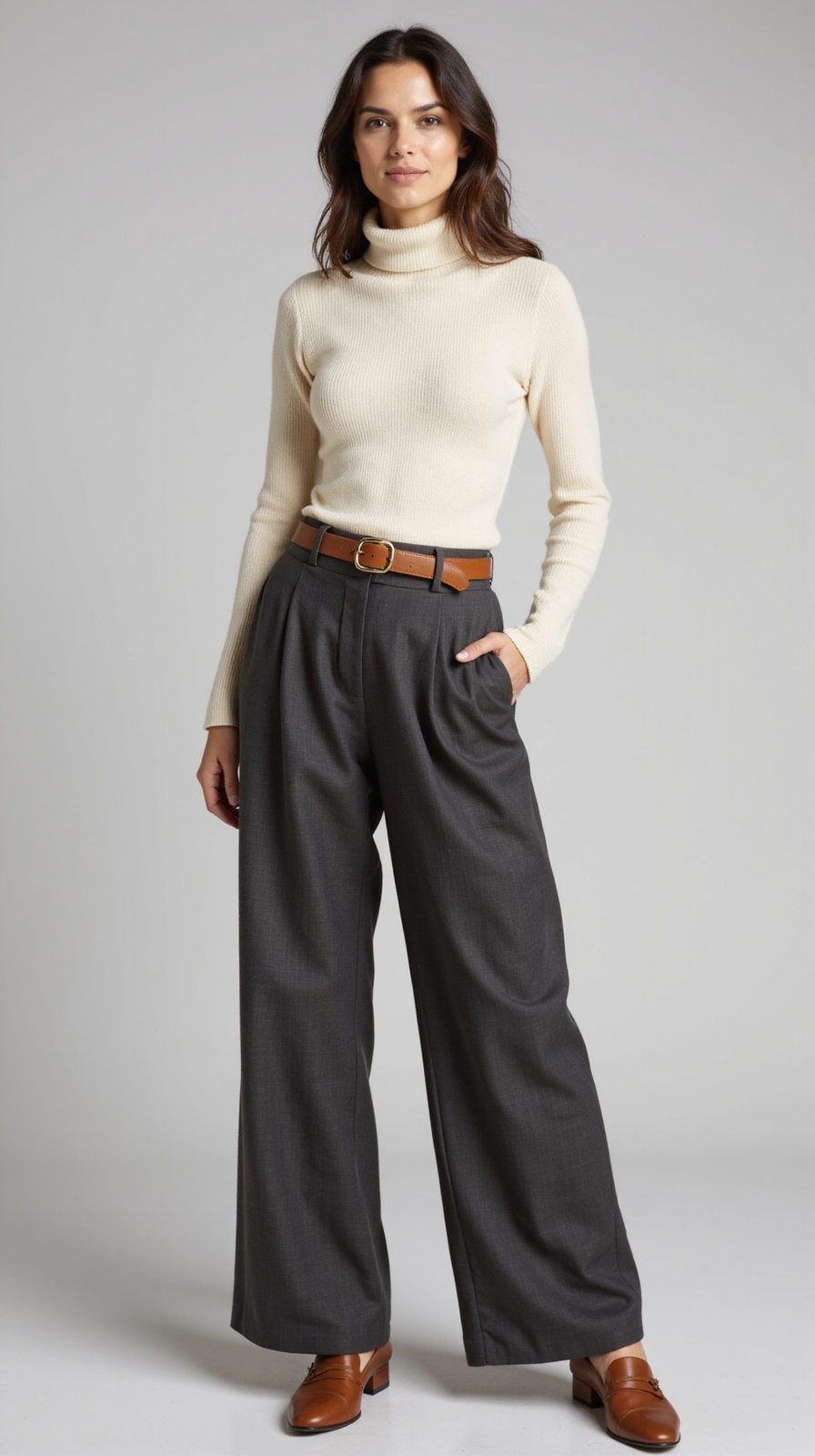 slim turtleneck wide leg trousers