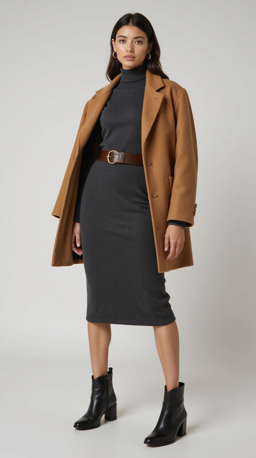 streamlined belted turtleneck ensemble