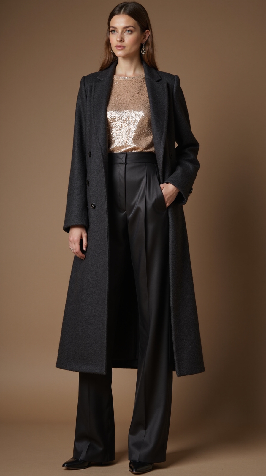 streamlined coat over sequins
