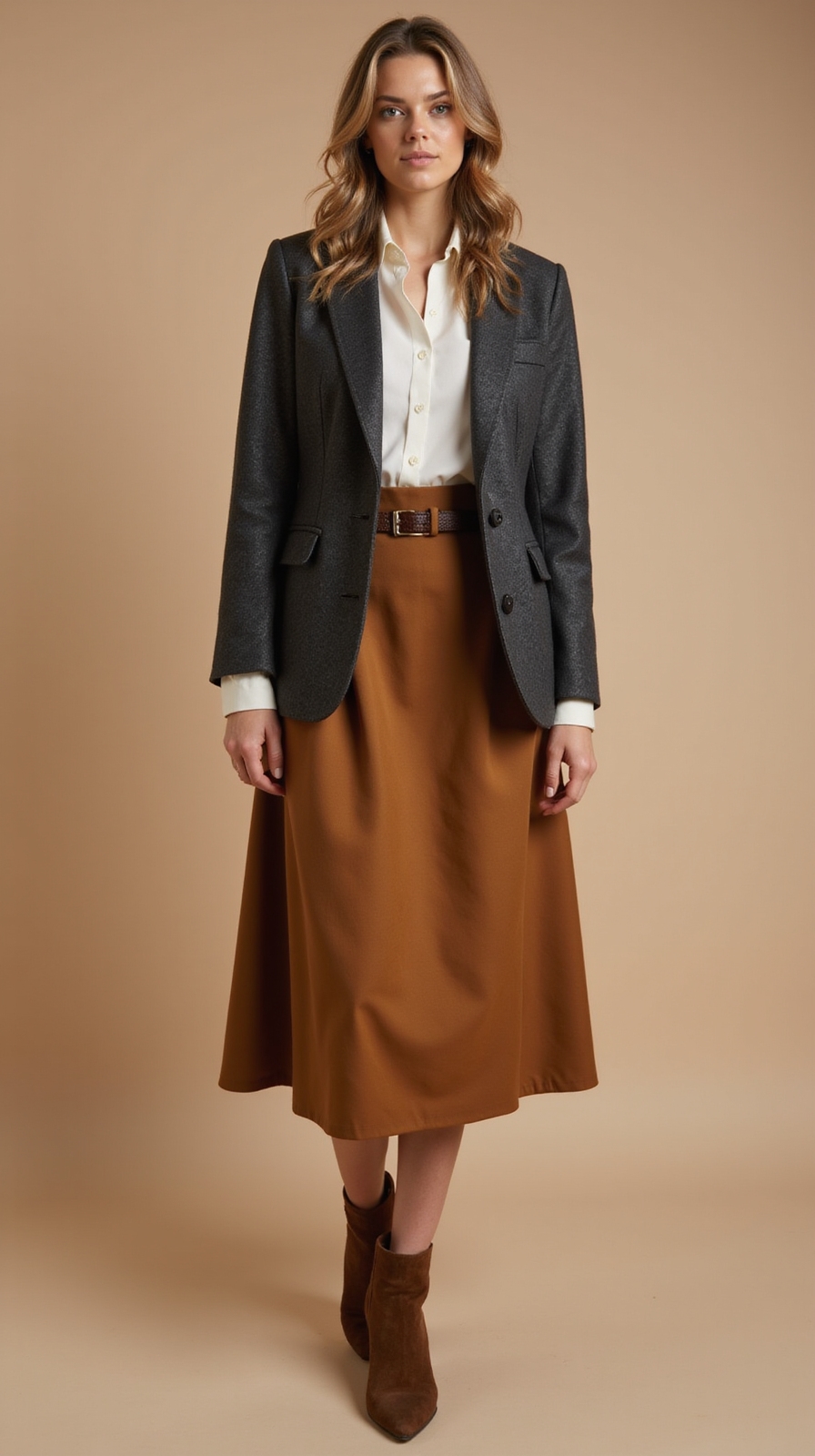 structured blazer flowing skirt