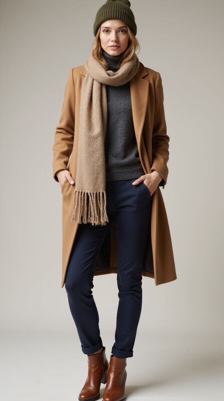 tailored coat scarf beanie