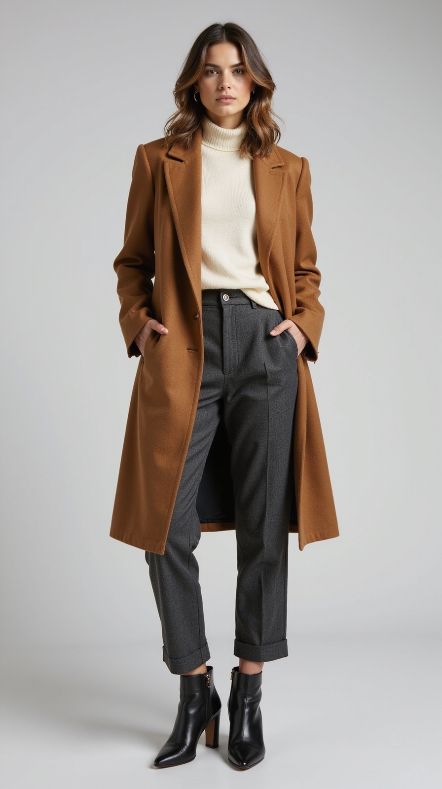 tailored coat with relaxed trousers