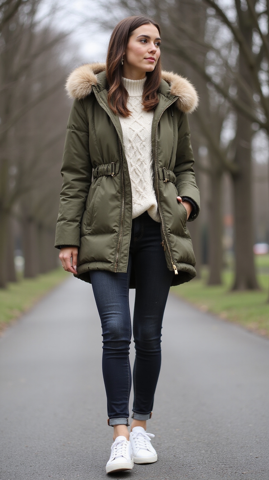 tailored parka with sneakers