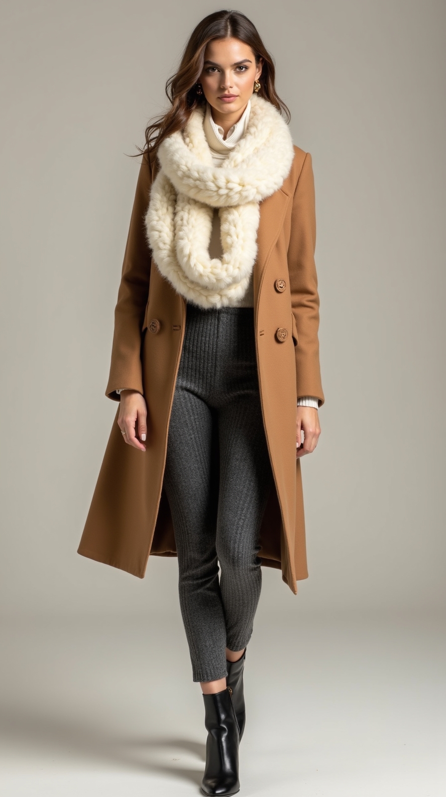 textured leggings with statement scarf