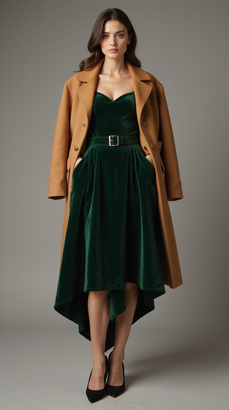 velvet midi with tailored overcoat